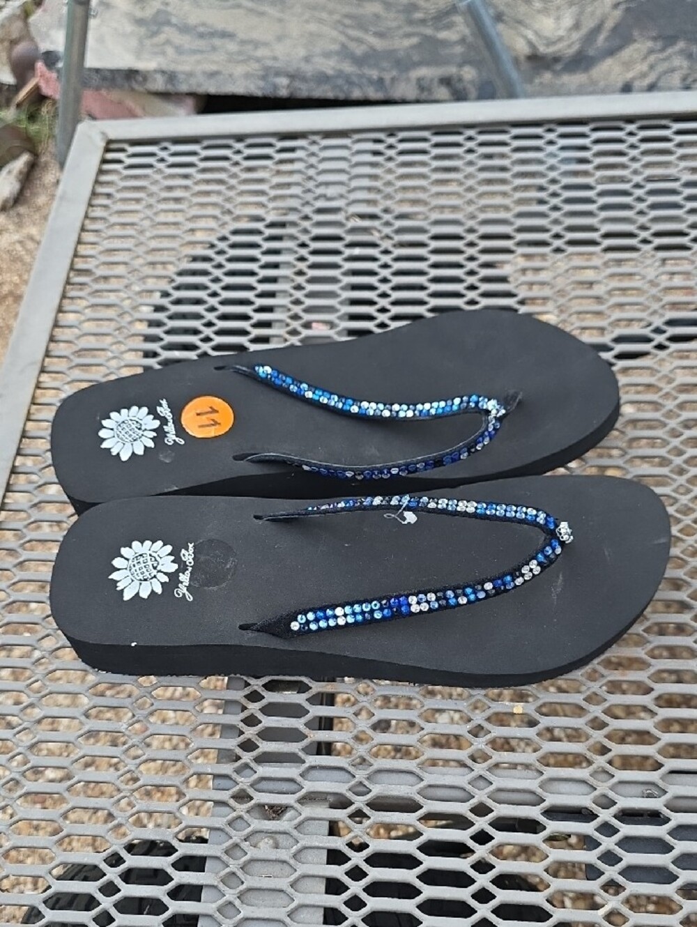 Yellow Box Black Flip Flops with Blue Rhinestone Straps - Picture 2 of 5